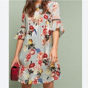 Anthropologie Vineet Bahl Fleur Blue Floral Mini Dress Tunic XL Spring Flowy